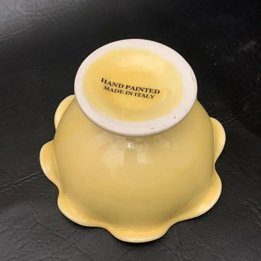 Made Italy Hand Painted Yellow Ceramic. Round Scalloped Edge Set Of 2 Bowls